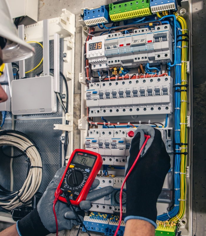 contrôle d’un tableau électrique avec multimètre par électricien